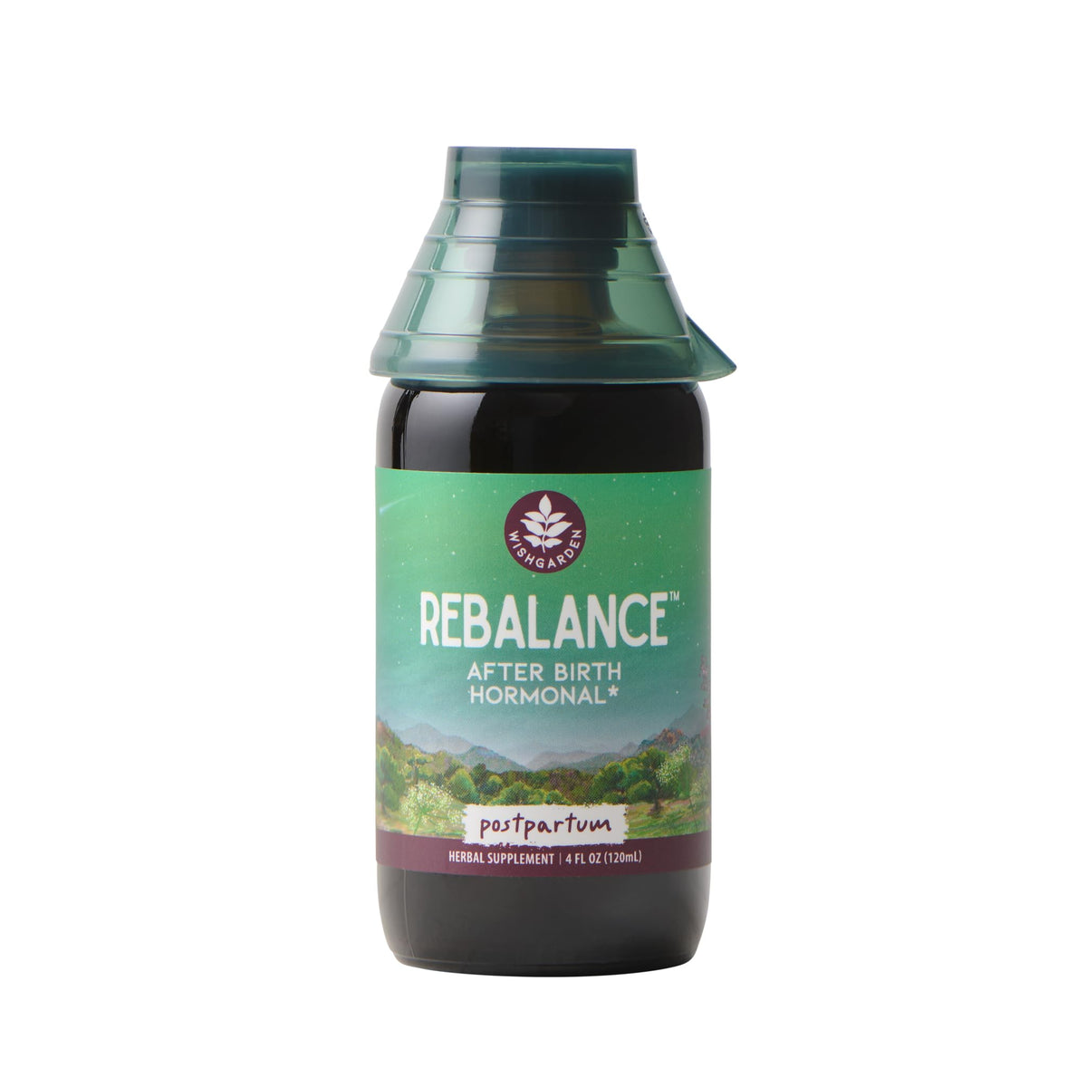 WishGarden ReBalance after birth bottle pour demonstrates the tincture application for hormonal balance.