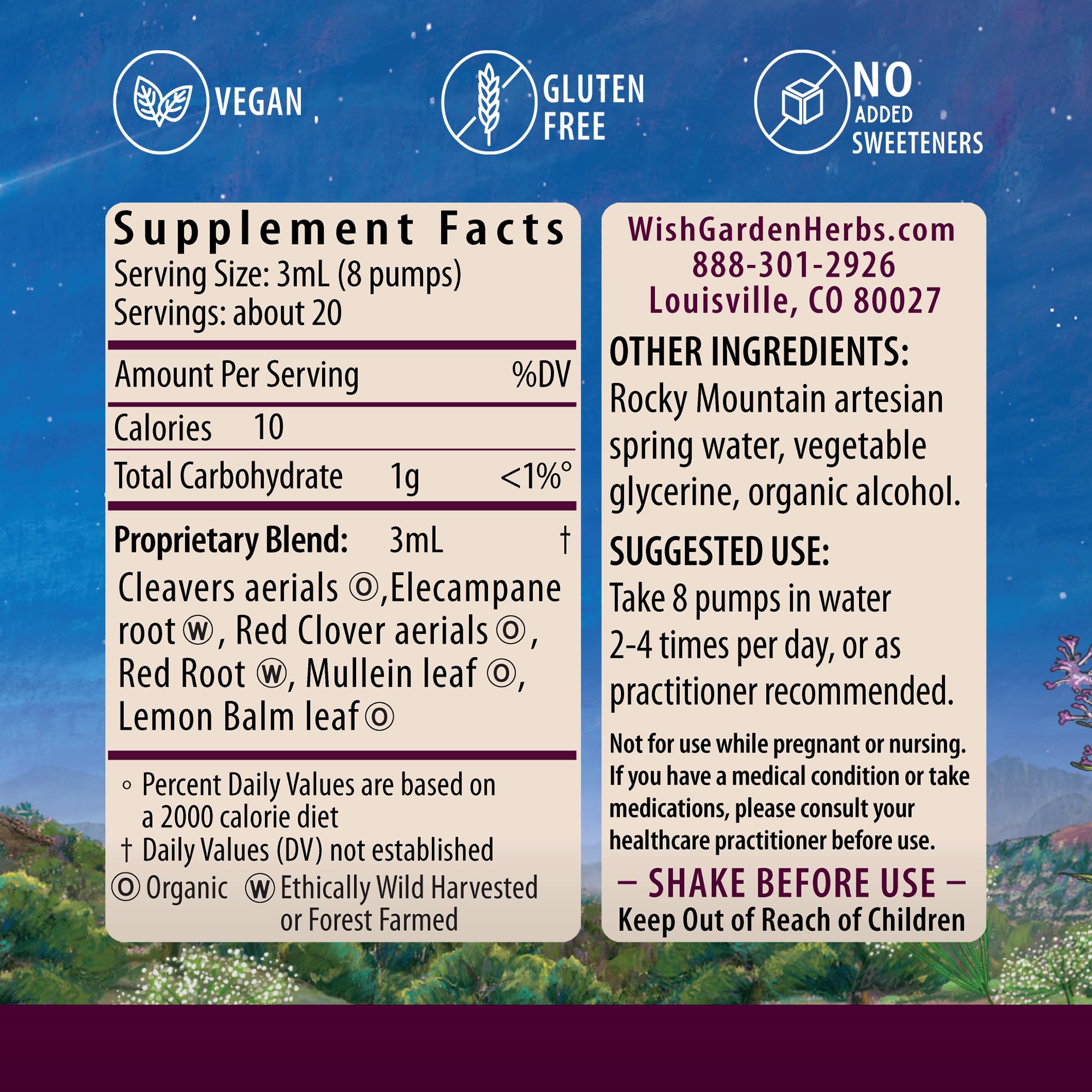 Close-up of WishGarden Respiratory Strength liquid drops for mixing in water.