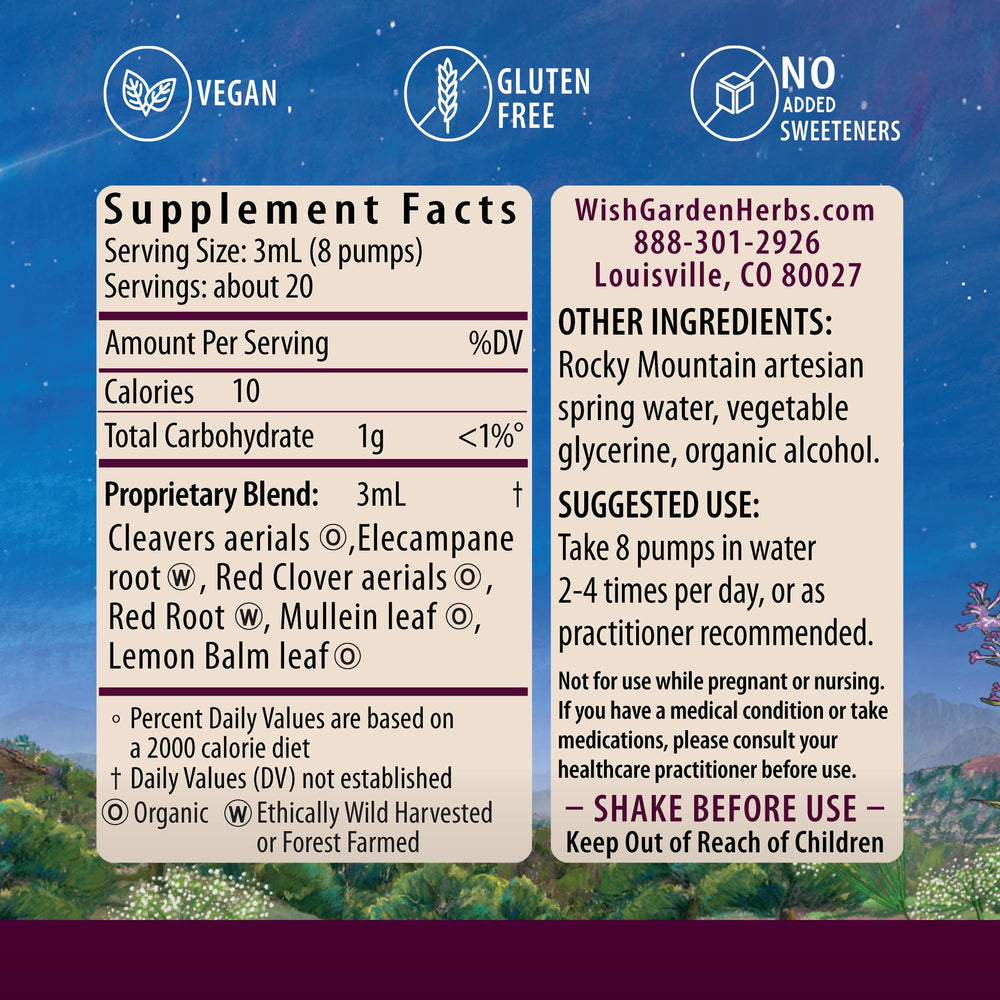 Close-up of WishGarden Respiratory Strength liquid drops for mixing in water.