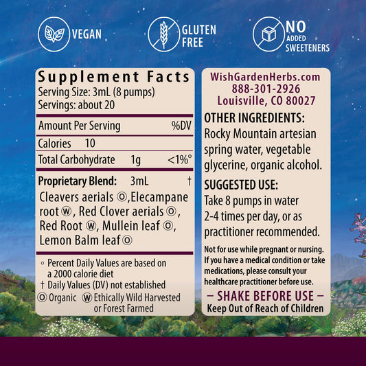 Close-up of WishGarden Respiratory Strength liquid drops for mixing in water.