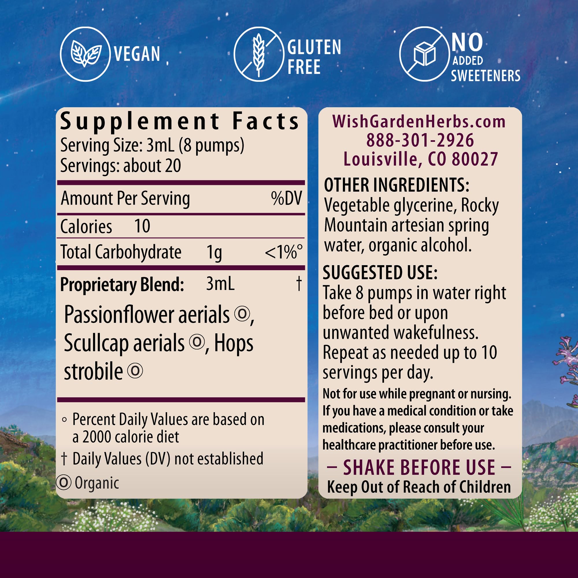 WishGarden Sleepy Nights drops illustrate fast absorption for a restful night.