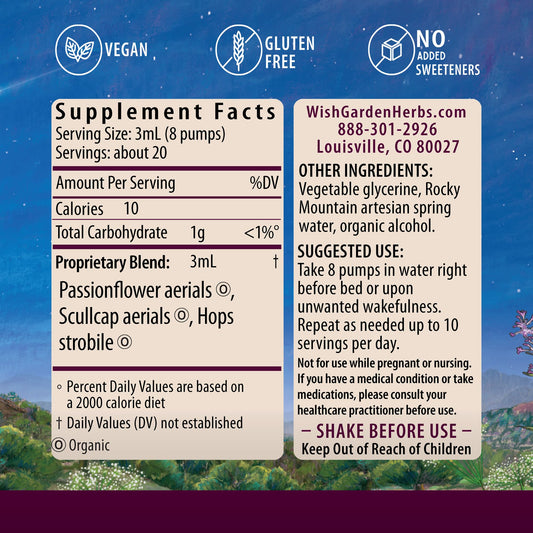 WishGarden Sleepy Nights drops illustrate fast absorption for a restful night.
