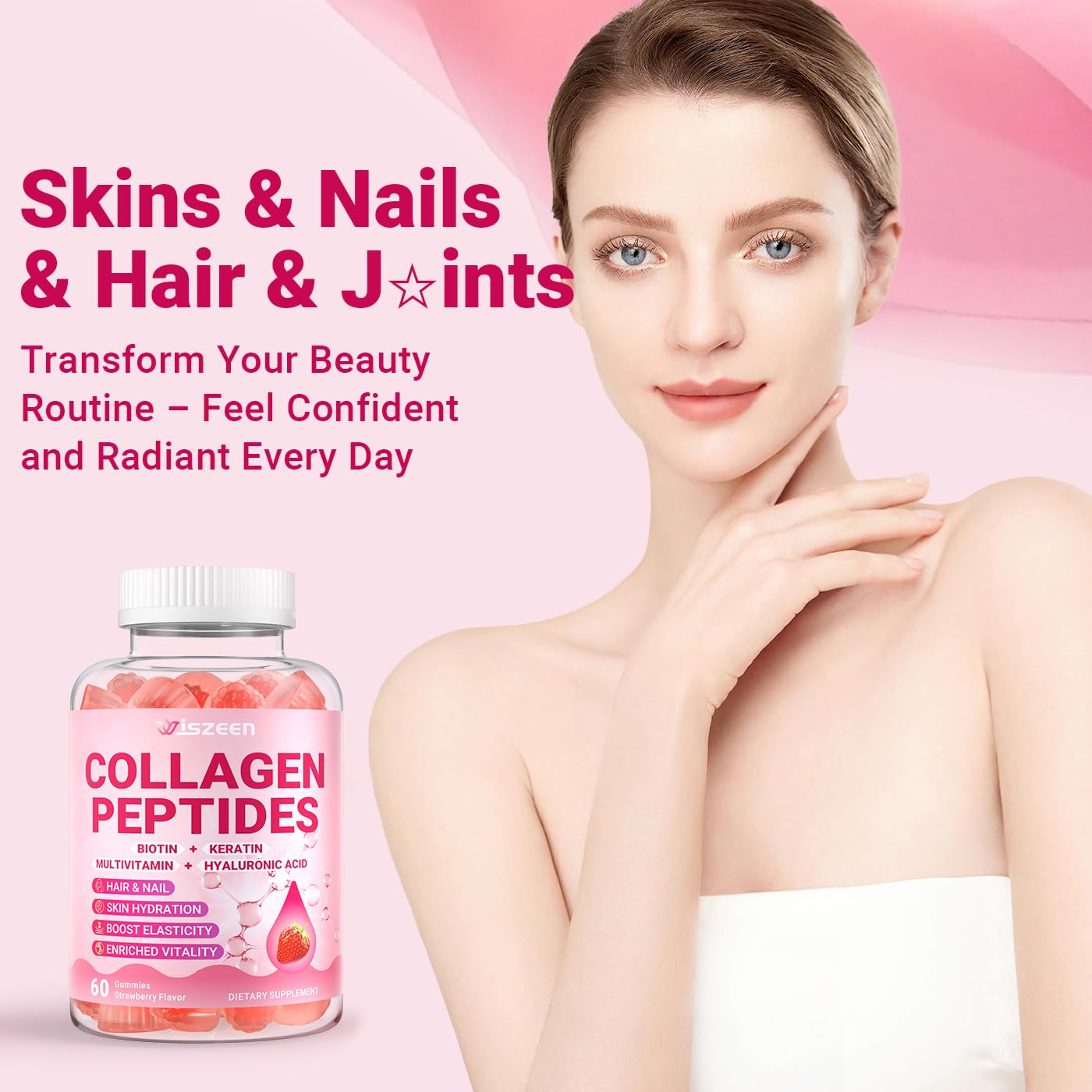Wiszeen collagen gummies women bottle pouring close-up illustrating on-the-go nutrition