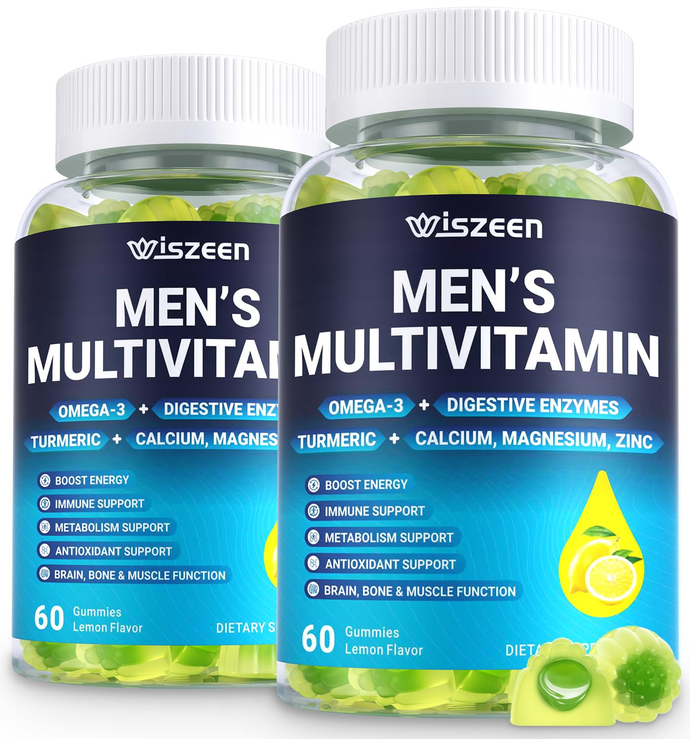 Wiszeen Mens Multivitamin Gummies bottle with 25 essential nutrients for daily energy.