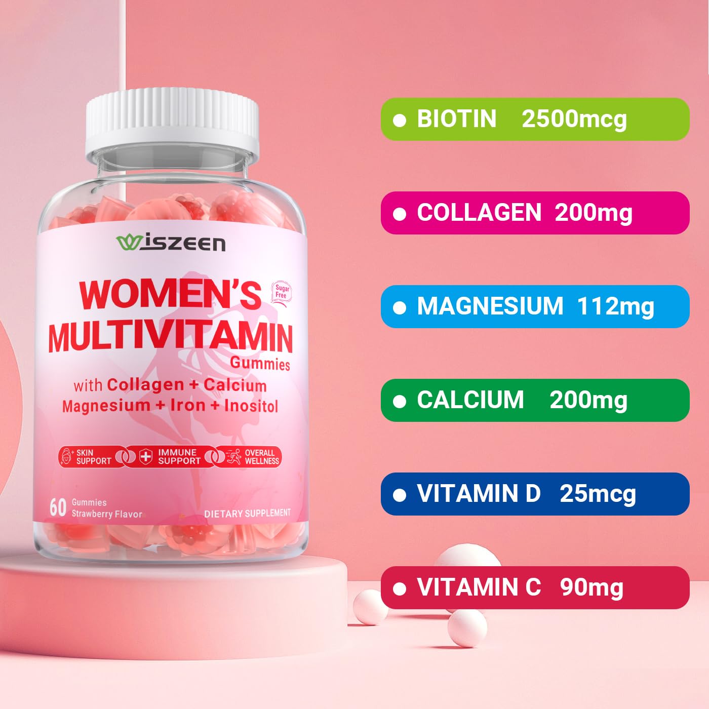 Wiszeen Sugar Free Methylated Multivitamin Women Gummies beauty nutrition for hair and nails.