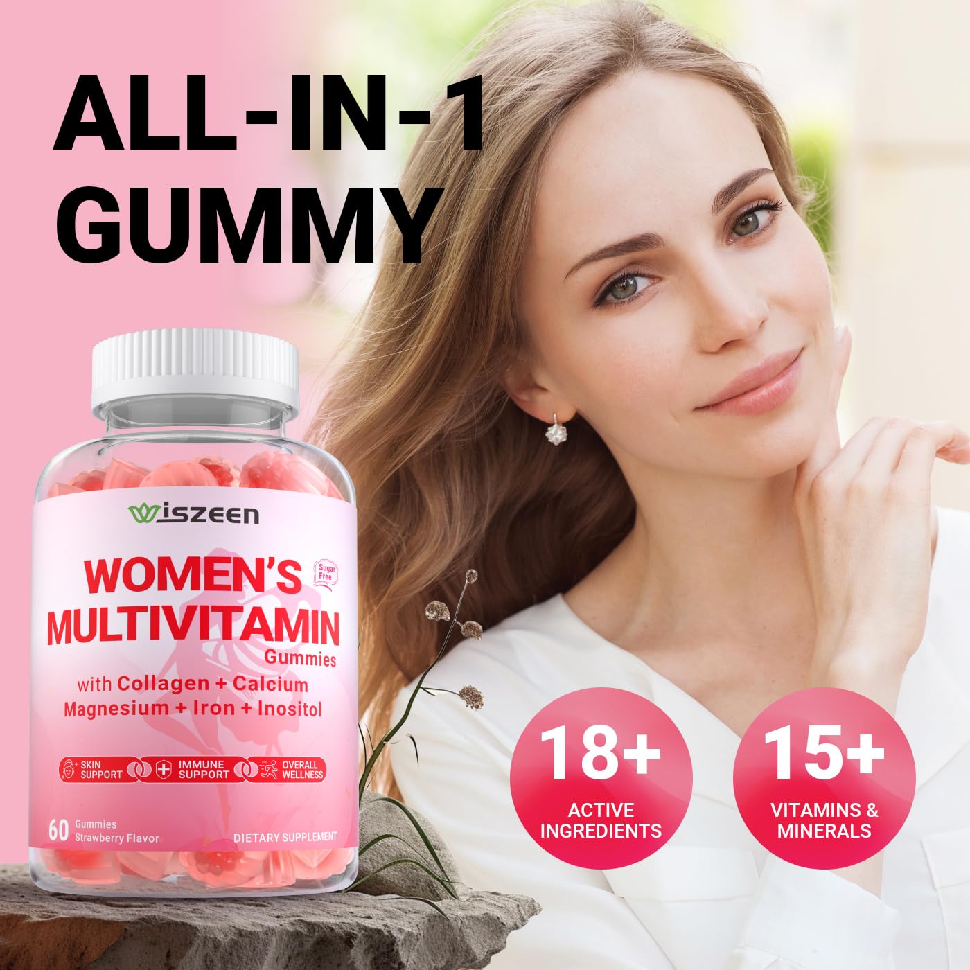 Wiszeen Sugar Free Methylated Multivitamin Women Gummies iron and vitamin C for vitality.