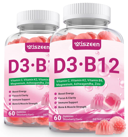 Wiszeen vitamin D3 B12 gummies bottle for daily energy and wellness