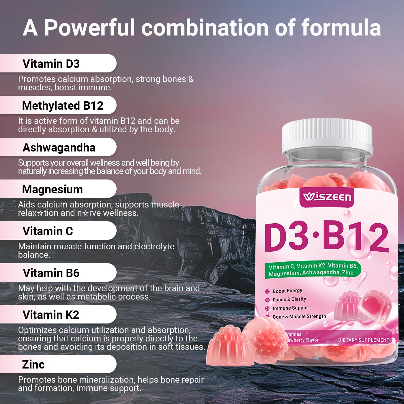 Wiszeen vitamin D3 B12 gummies ingredients label with D3 and B12