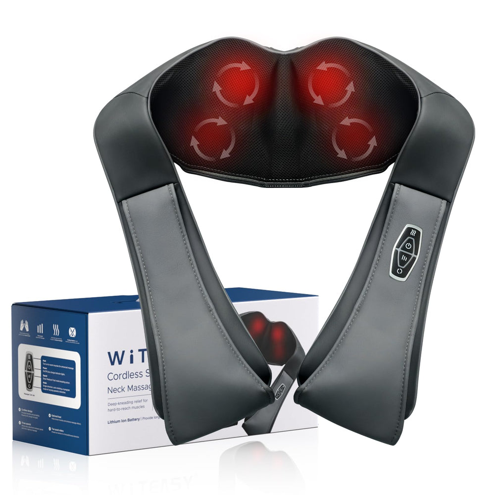 Witeasy cordless shiatsu neck massager with eight rotating nodes for deep kneading relief