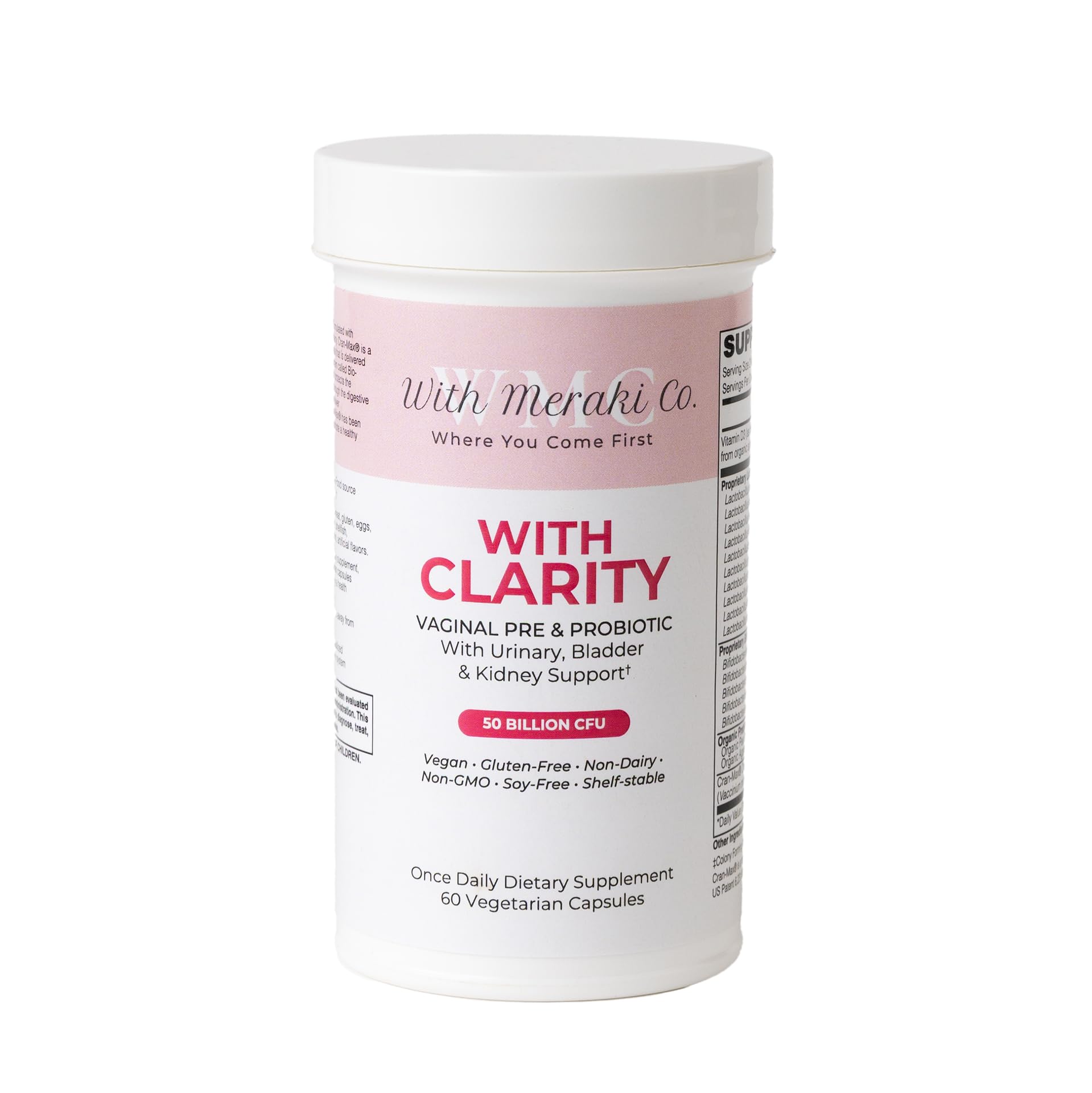 With Meraki Co. Clarity bottle front highlights the probiotic blend for vaginal and urinary support.