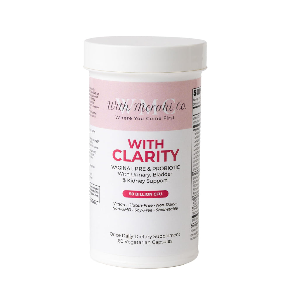 With Meraki Co. Clarity bottle front highlights the probiotic blend for vaginal and urinary support.