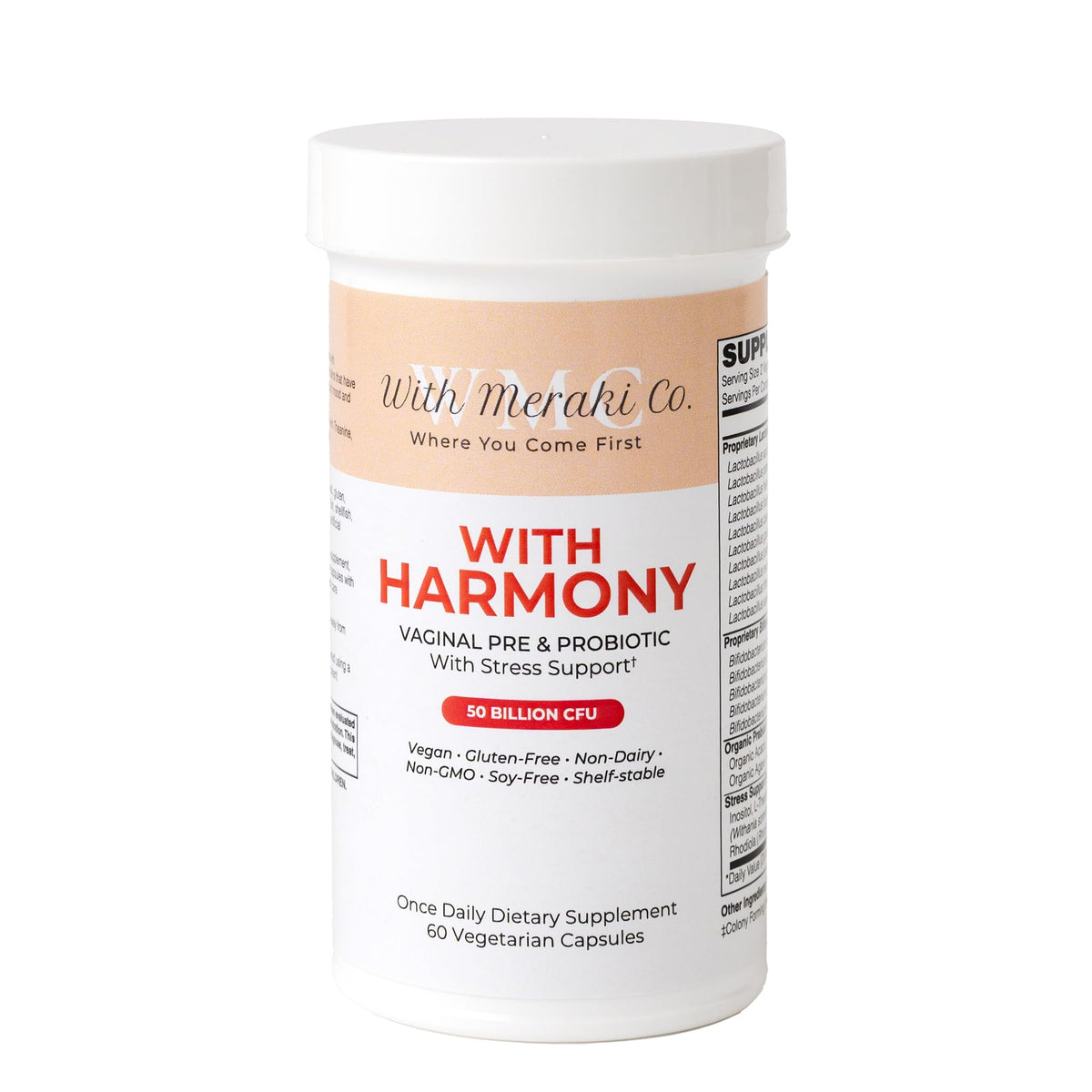 With Meraki Co Harmony probiotic bottle close-up highlighting vaginal and hormonal support.
