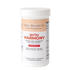 With Meraki Co Harmony probiotic bottle close-up highlighting vaginal and hormonal support.