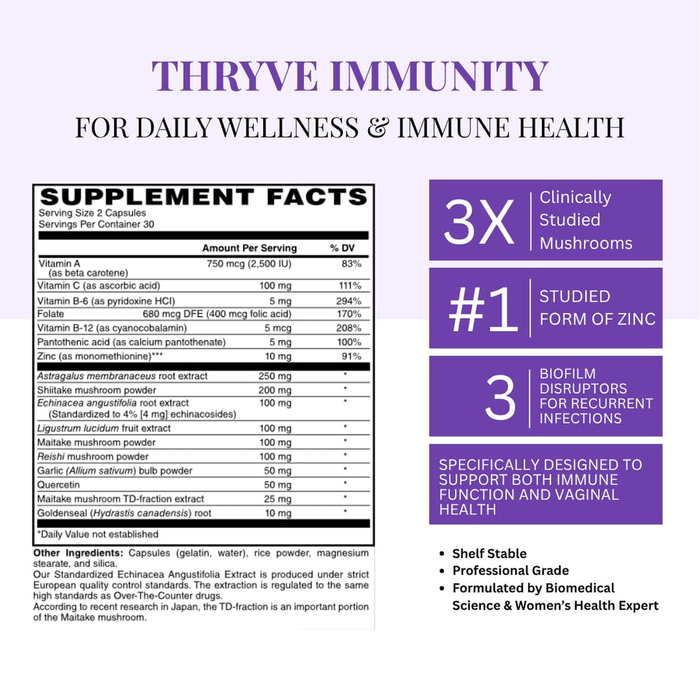 With Meraki Co. Thryve immunity bottle label emphasizing key women's health ingredients