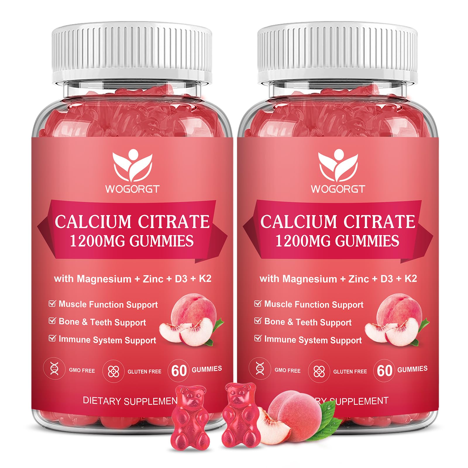WOGORGT calcium citrate gummies bottle top with peach flavor supporting bone health.