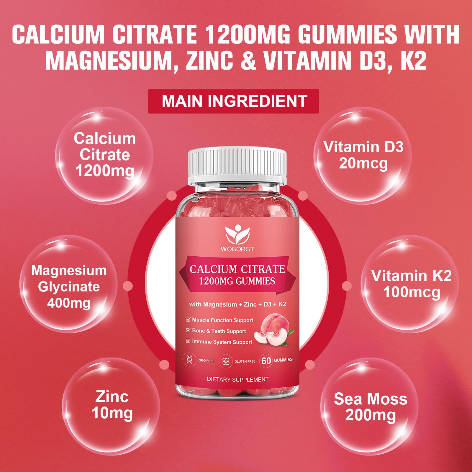 WOGORGT peach gummies closeup emphasizes tasty texture and flavor while supplementing nutrients.