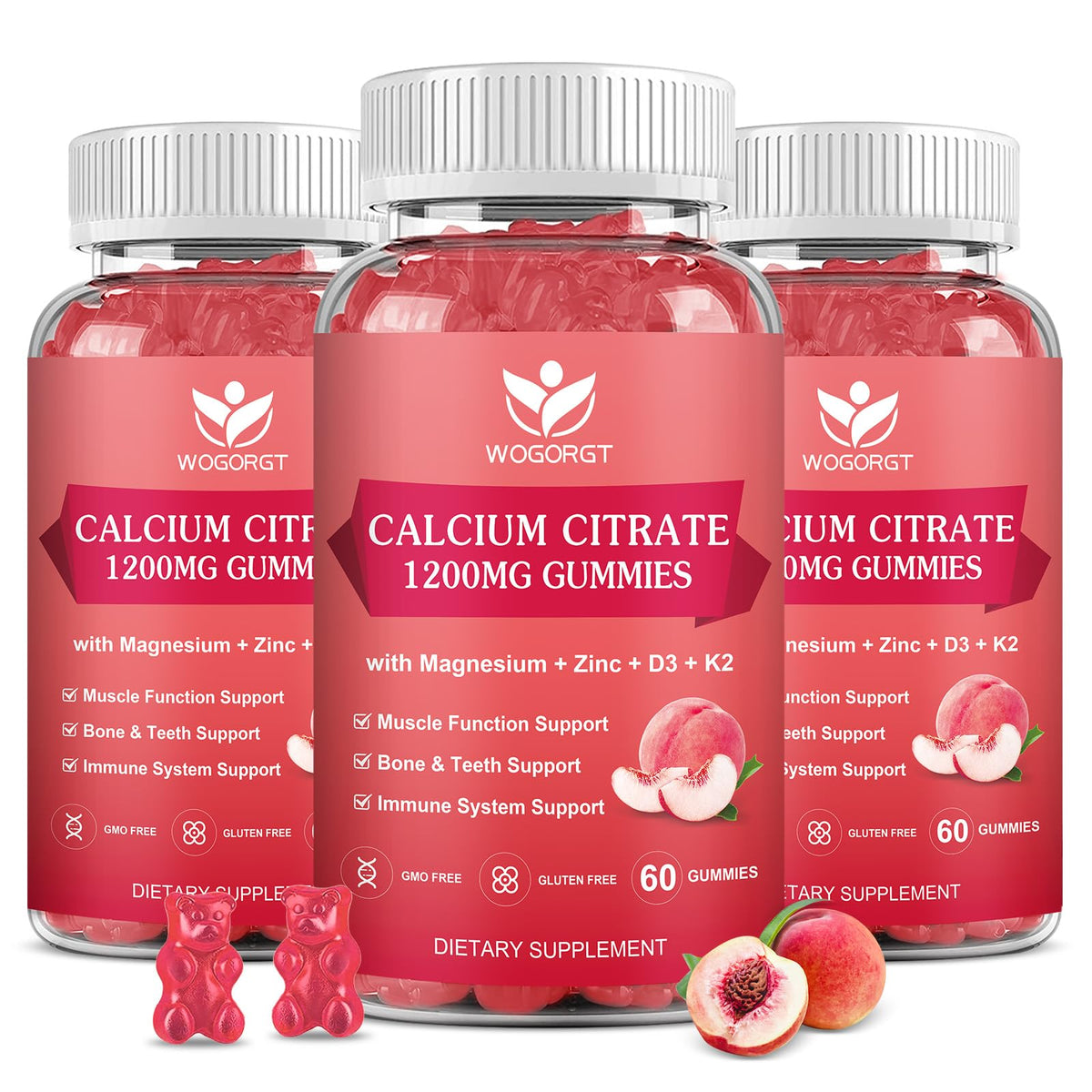 WOGORGT Calcium Citrate 1200mg peach gummies bottle for daily bone support