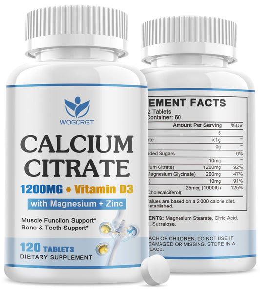 WOGORGT Calcium Citrate 1200mg bottle for daily bone support and vegan-friendly use