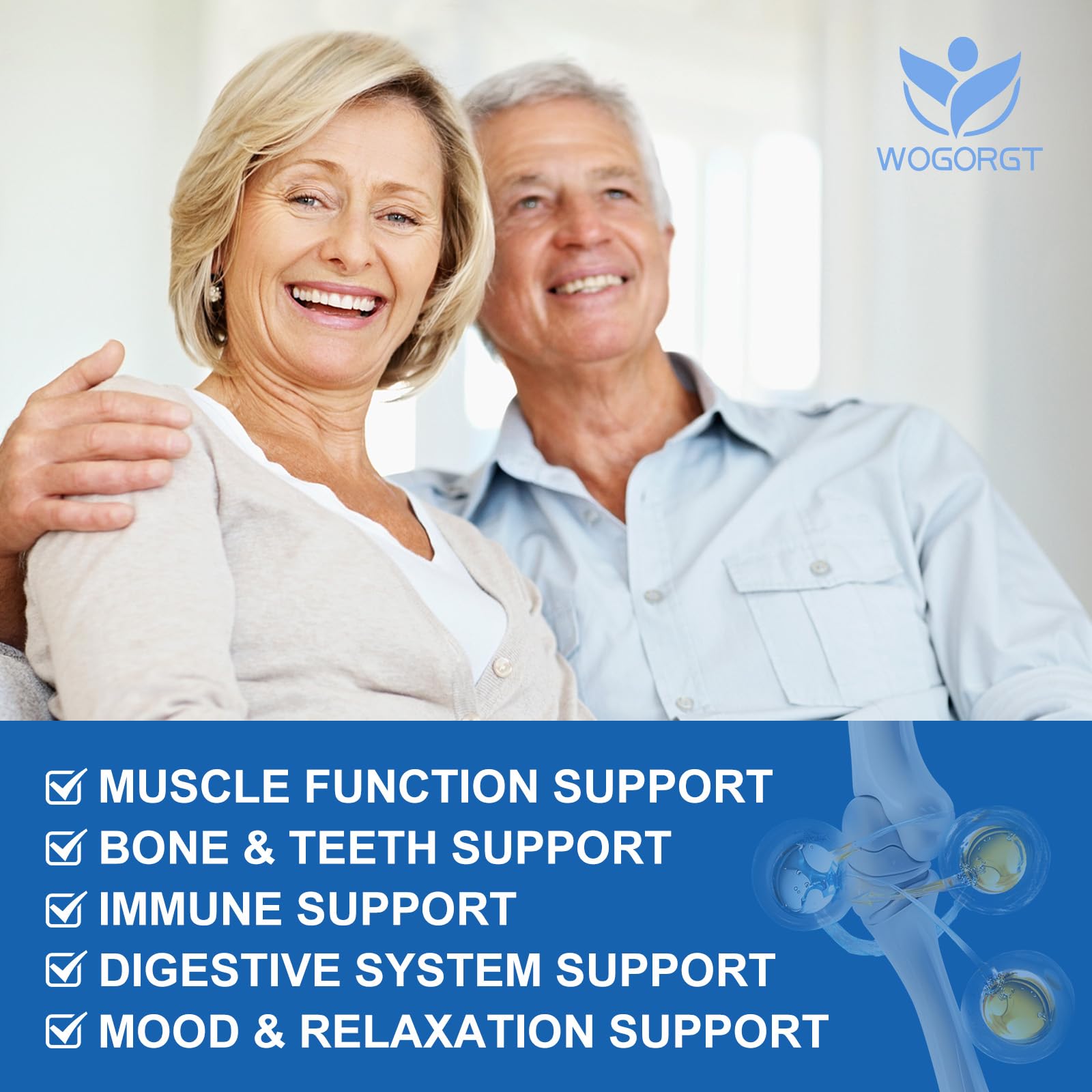 Close-up of WOGORGT calcium citrate bone-support details emphasizing mineral balance for teeth and bones