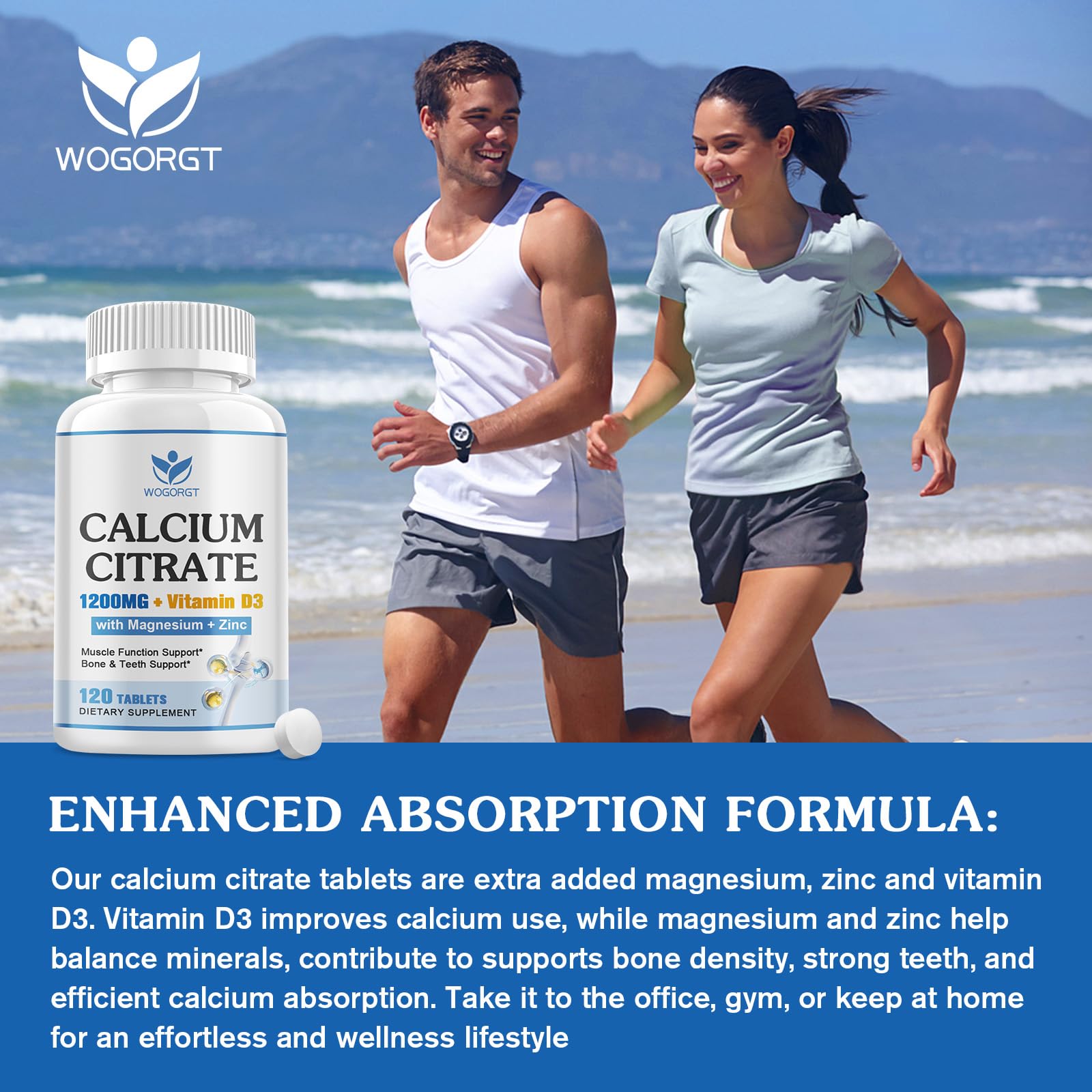 WOGORGT calcium citrate with D3, magnesium, and zinc capsules highlighting comprehensive daily minerals