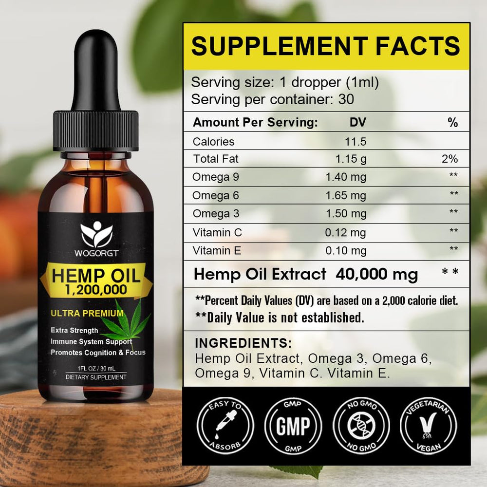 WOGORGT amber bottle image showing premium hemp oil packaging and freshness
