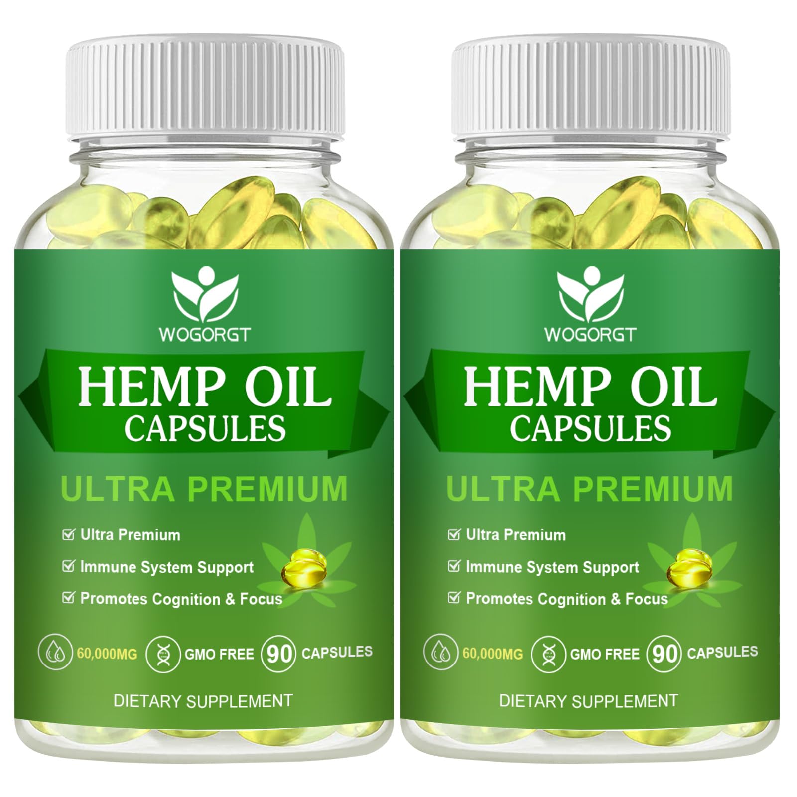 WOGORGT hemp oil capsules 2-pack bottle front, ideal for daily wellness.