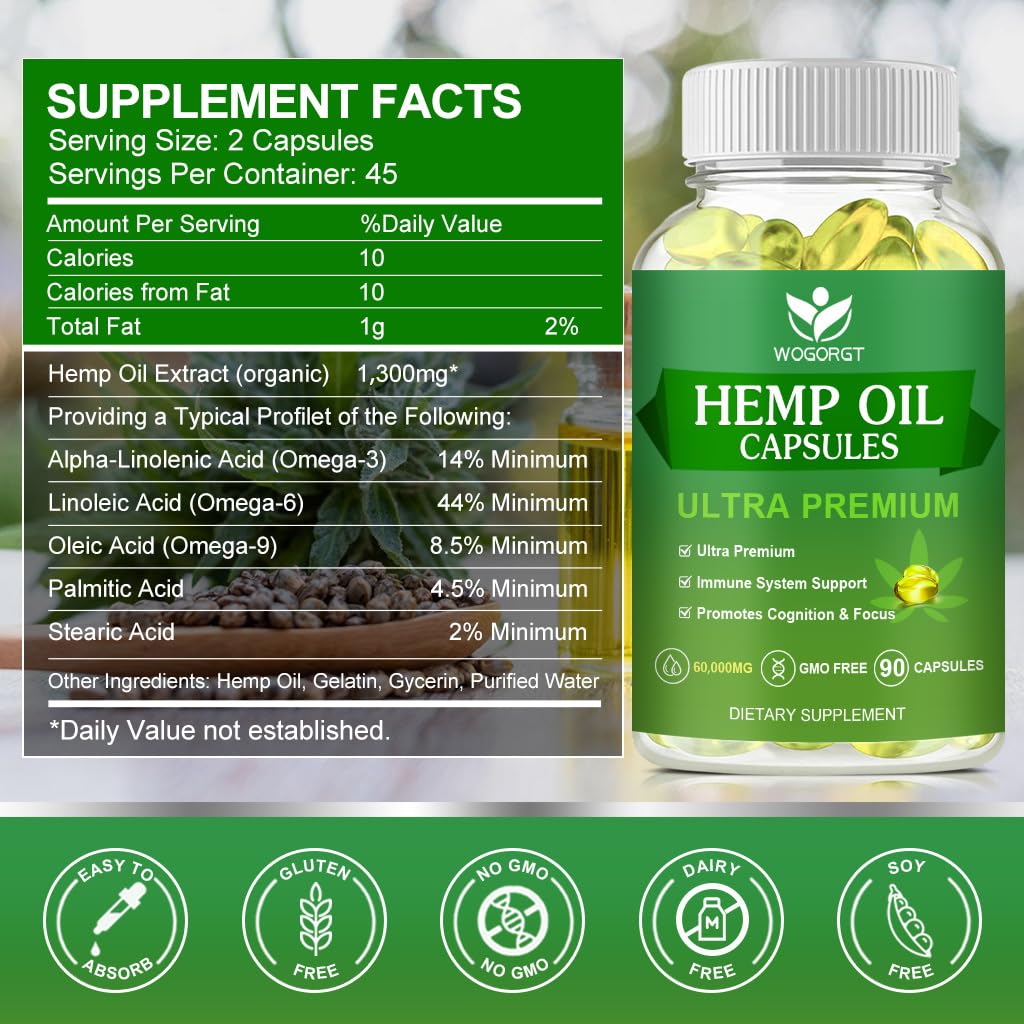 WOGORGT hemp oil capsules 2-pack bottle side, compact travel-friendly design.
