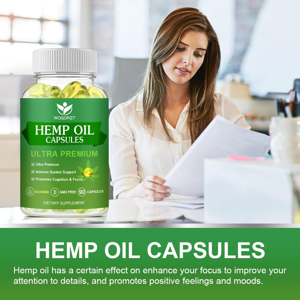 WOGORGT hemp oil capsules beside glass of water for everyday use