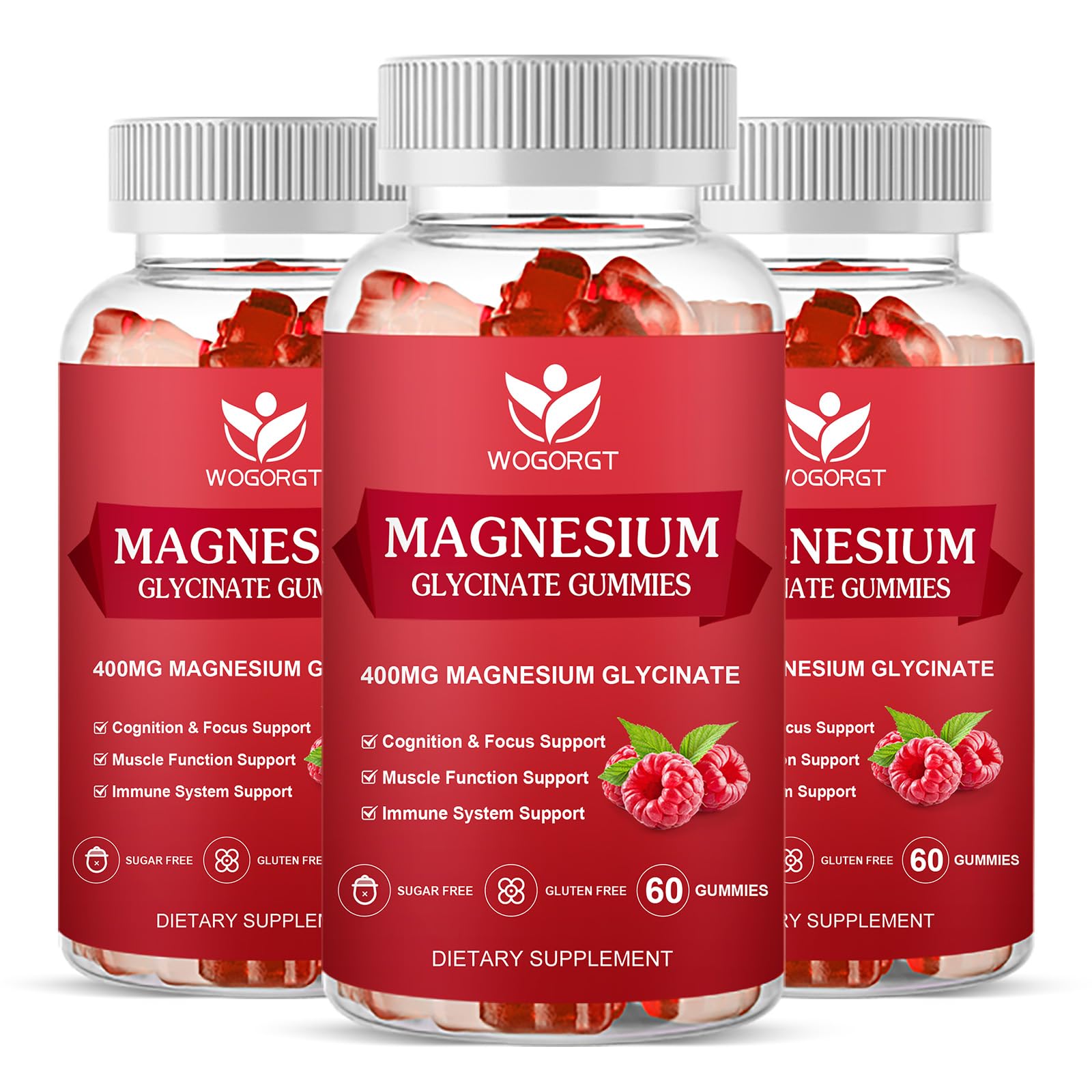 WOGORGT magnesium glycinate gummies raspberry bottle promotes daily calm and focus.