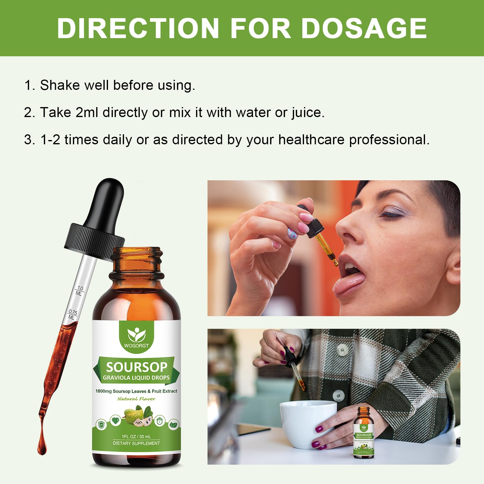 WOGORGT Soursop Drops dosage view shows 2 ml daily use.