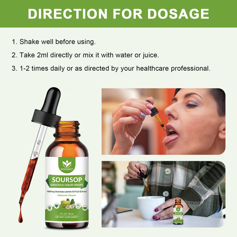 WOGORGT Soursop Drops dosage view shows 2 ml daily use.