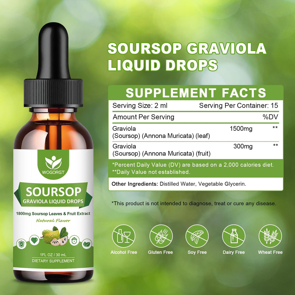 WOGORGT Soursop Drops dropper view emphasizes high absorption formula.