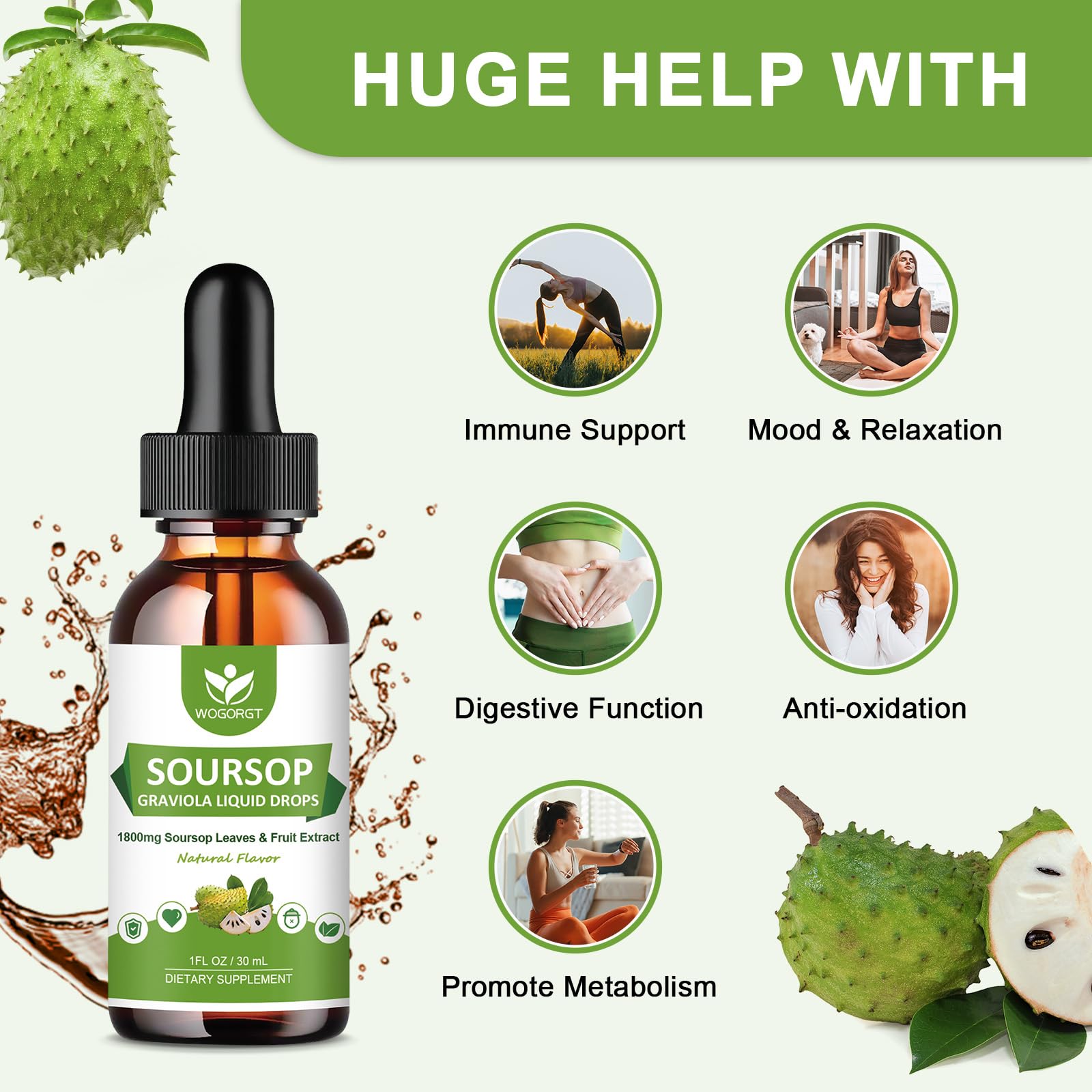 WOGORGT Soursop Drops label shows 1 oz vegan extract.