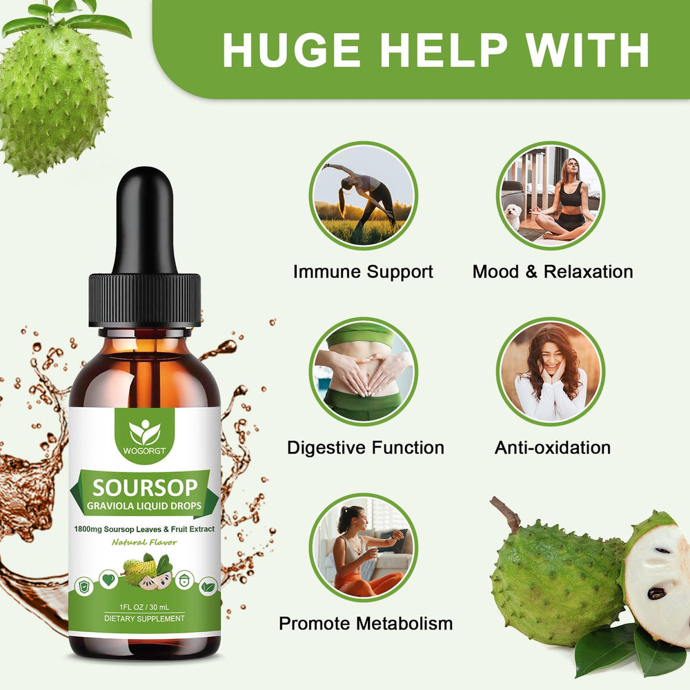 WOGORGT Soursop Drops label shows 1 oz vegan extract.