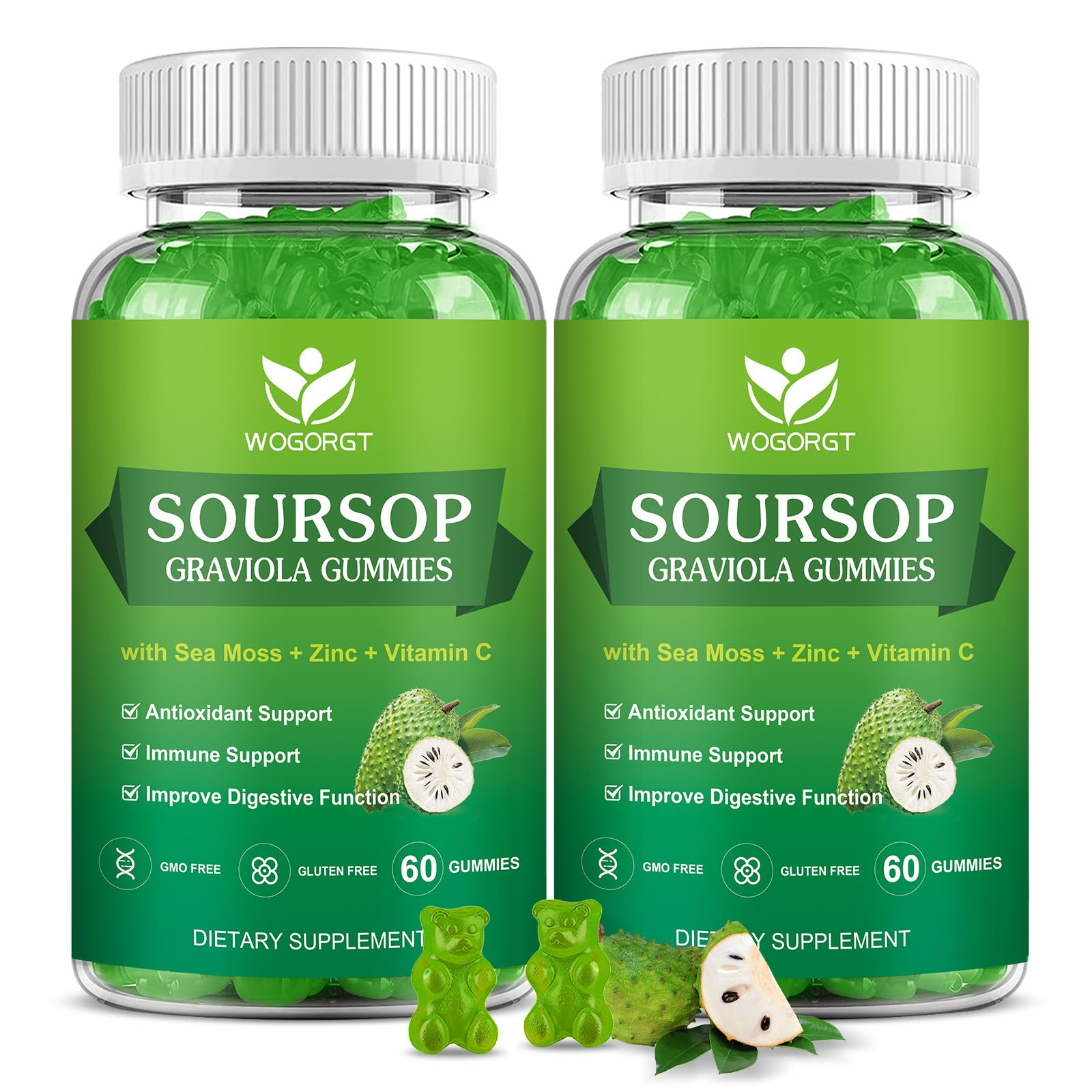 WOGORGT Soursop Graviola gummies bottle showing daily immune support potential.