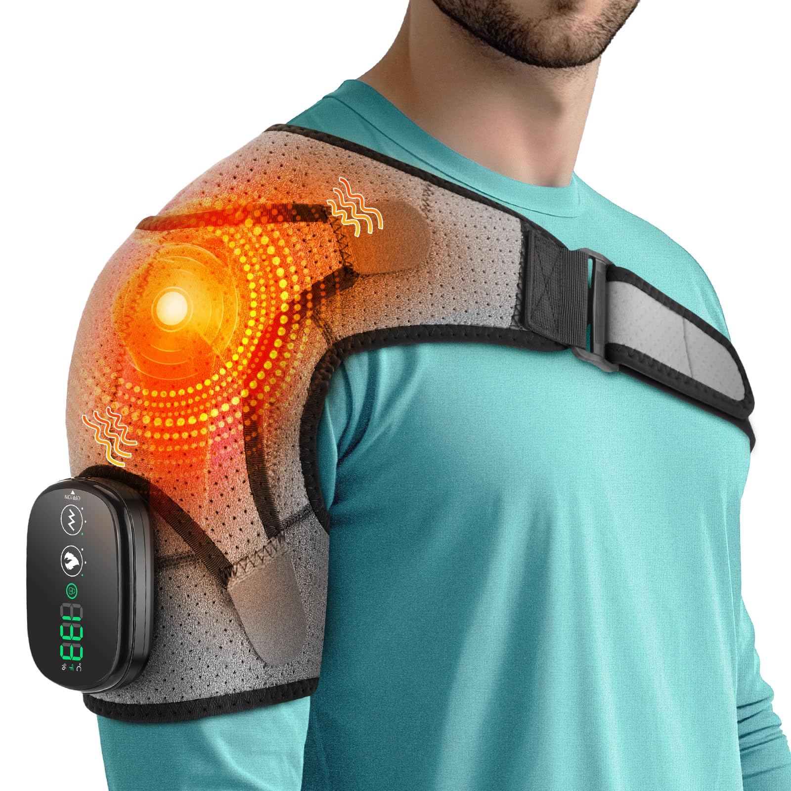 WoloyHeatie cordless shoulder heating pad on display with adjustable heat for personalized relief.