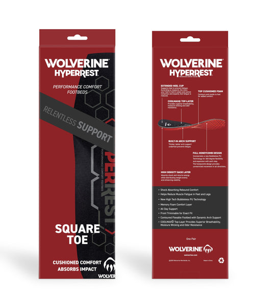 Wolverine Hyperrest insoles featuring breathable top layer for dry feet during rugged wear