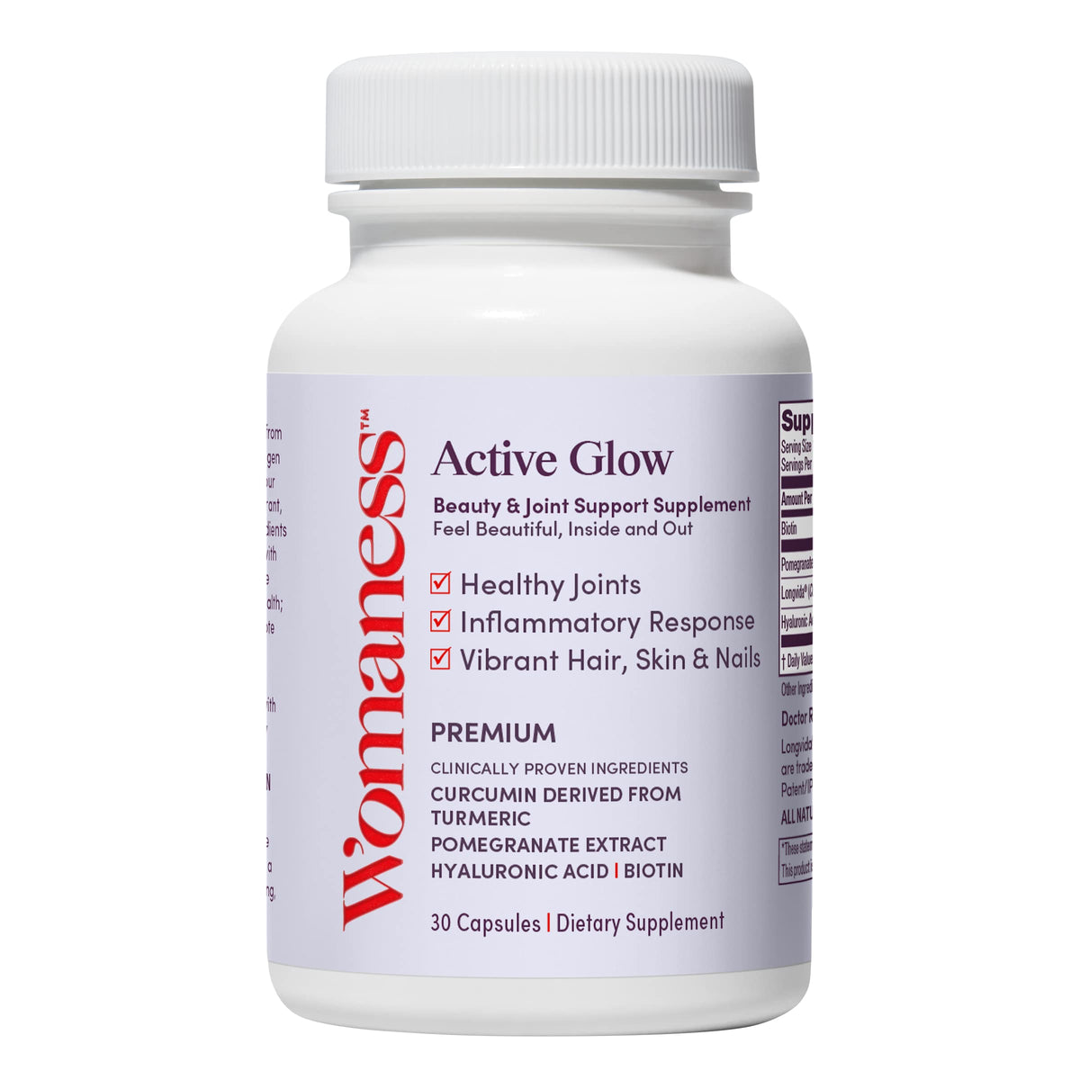 Womaness Active Glow bottle front for daily hair, skin, and nails vitamins