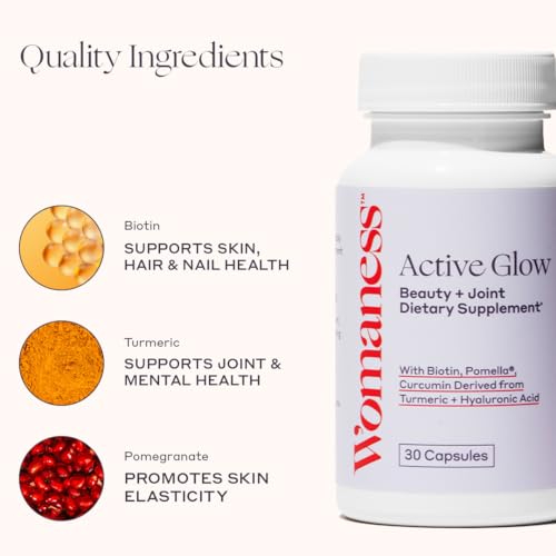 Womaness Active Glow bottle side showing compact daily capsule