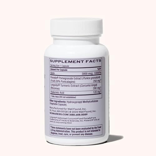 Womaness Active Glow capsules closeup featuring biotin and hyaluronic acid for hair and skin support