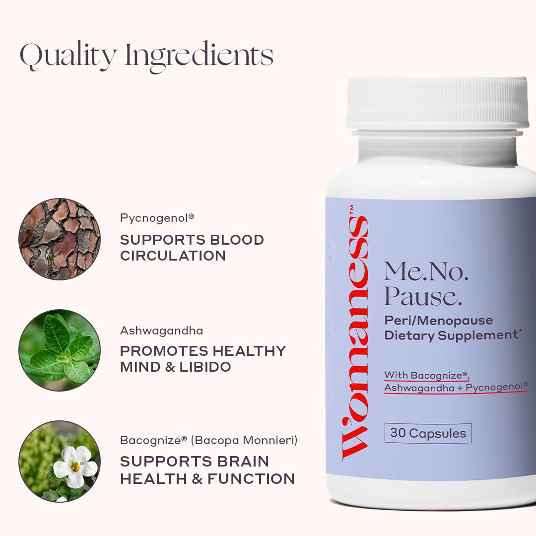 Womaness Ashwagandha capsules showcase stress relief and calm mood.