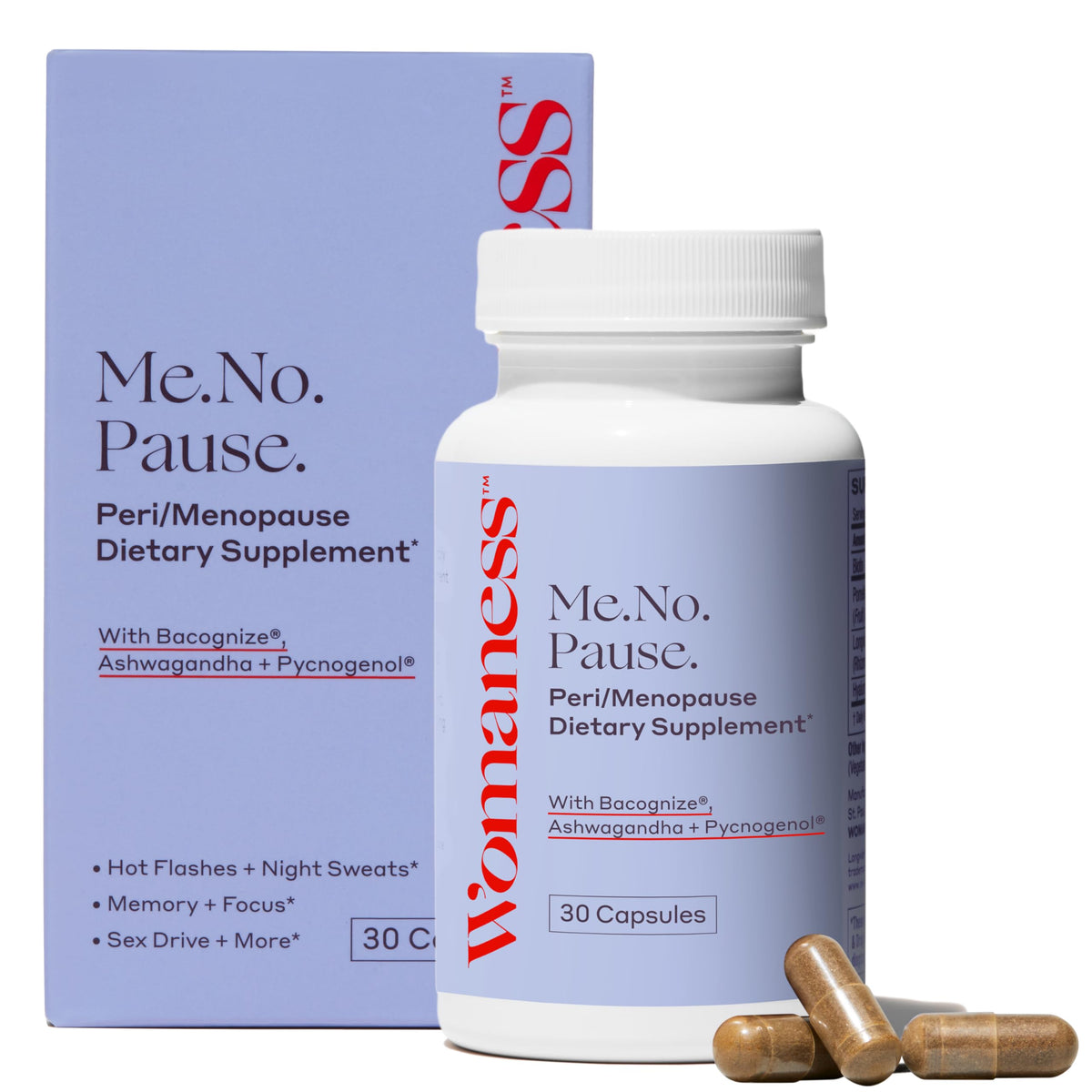 Womaness menopause supplements bottle for daily balance and hormone-free support.