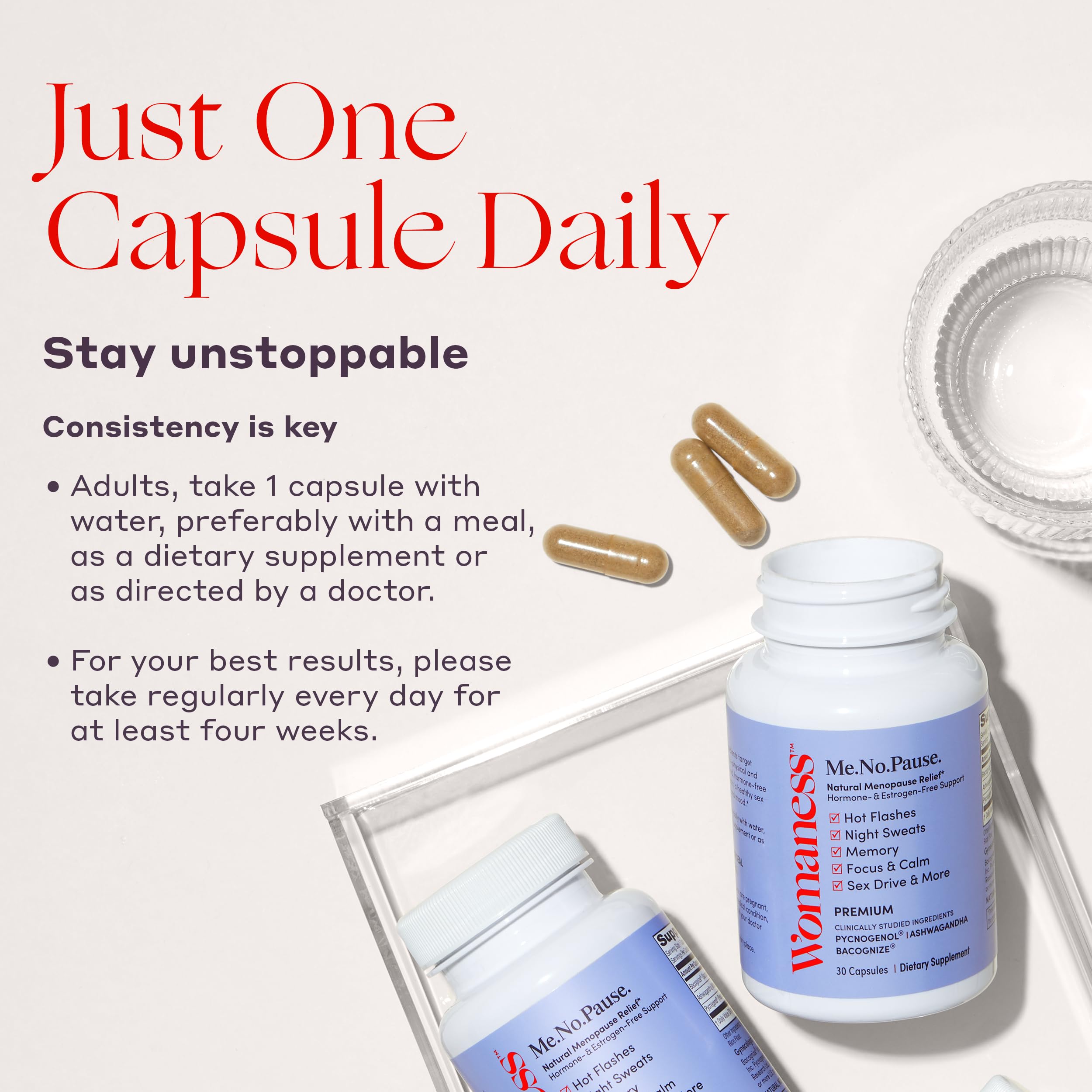 Womaness menopause capsules for night sweats relief and restful evenings.