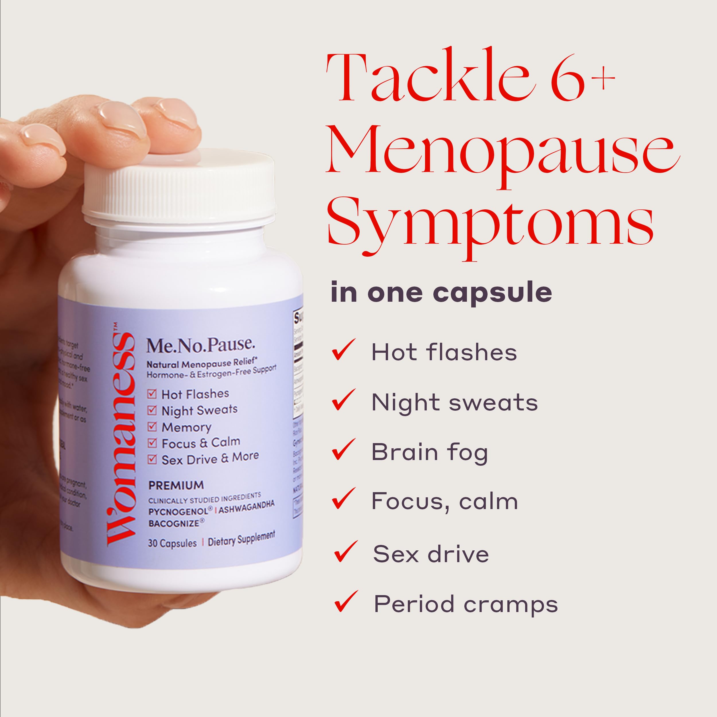 Womaness Pycnogenol ingredient emphasizes quick hot flash relief without hormones.