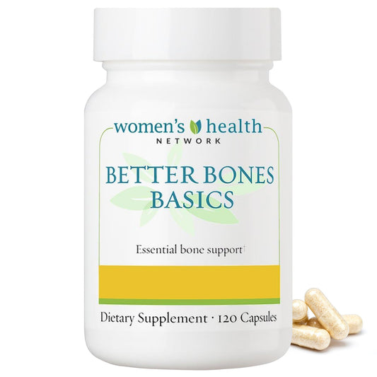 Women's Health Network Better Bones Basics calcium bottle supports strong bones and teeth.