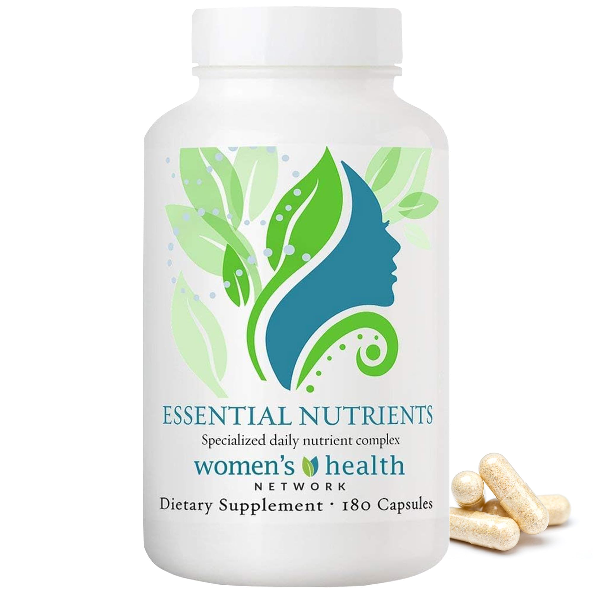 Womens Health Network Essential Nutrients bottle closeup for daily energy support.
