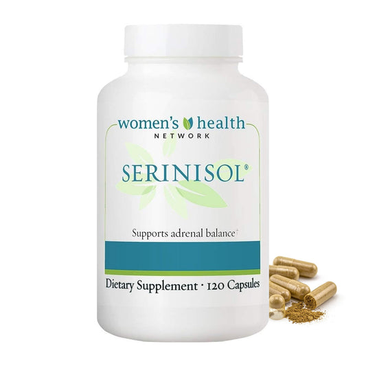 Women's Health Network Serinisol capsules in bottle support adrenal balance.