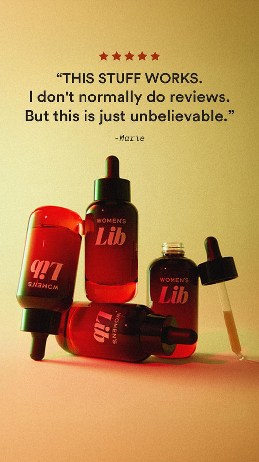 Close-up of Women's Lib Hormone Drop label highlighting natural ingredients