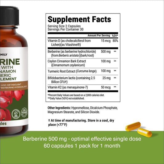 Close look at Wonder Family berberine capsules inside the bottle