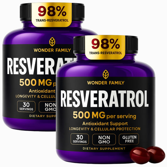 WONDER FAMILY Resveratrol 1000 mg, botella frontal, posible apoyo a la vitalidad diaria.